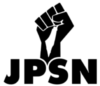Smaller raised fist holding the shape of Palestine, emblazoned JPSN