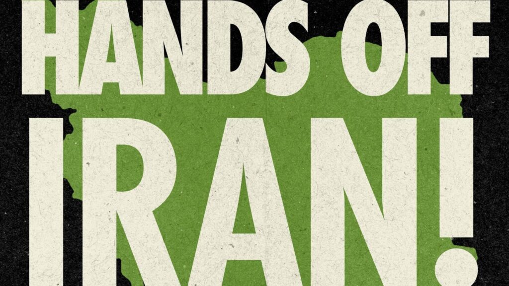 A flyer announcing JPSN's statement titled "Hands OFF Iran!"